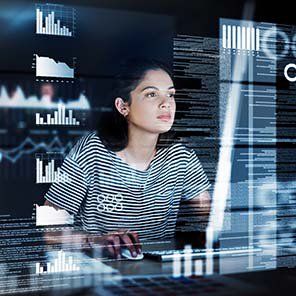 A woman looking at a holographic screen